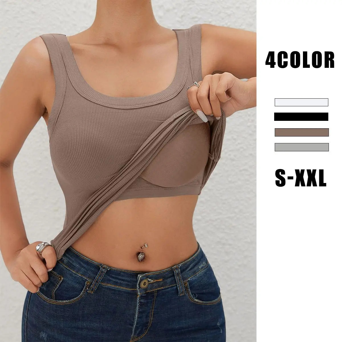 EssElegance Ribbed Workout Tank Top with Built-in Bra for Women